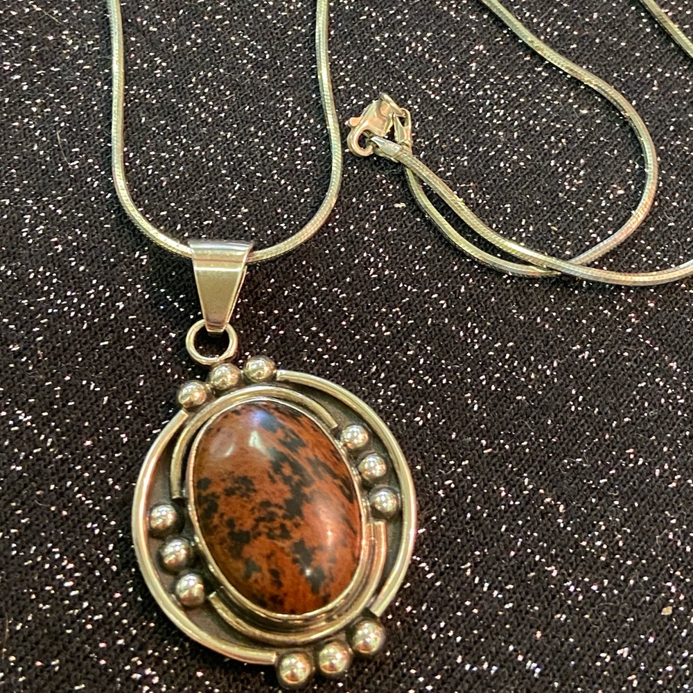 Vintage Mexican Sterling Silver Mahogany Obsidian Jasper Necklace 16” 925 Chain